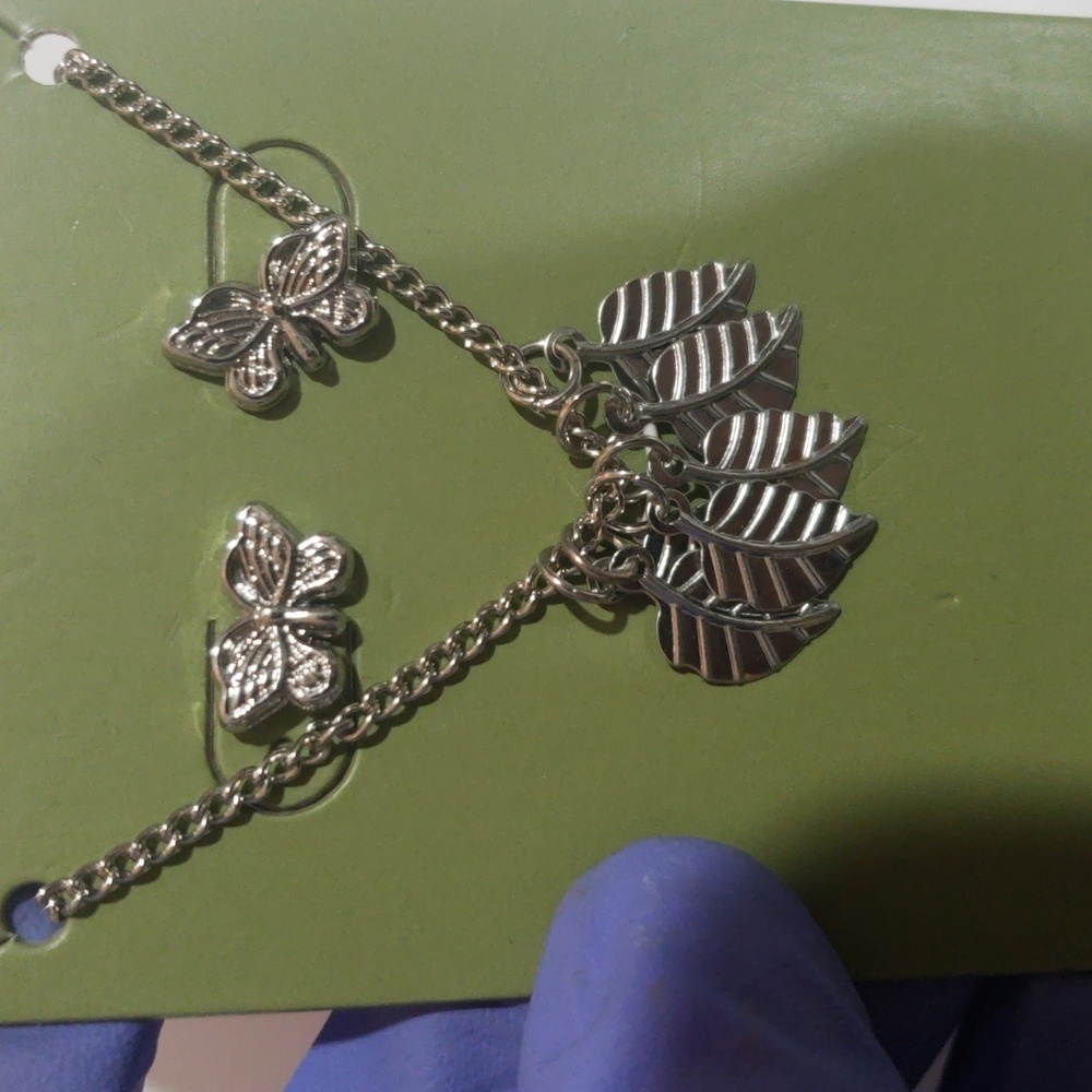 Silver-Tone Leaf Charm Necklace & Butterfly Stud Earrings Set – Nature Jewelry - Picture 9 of 9